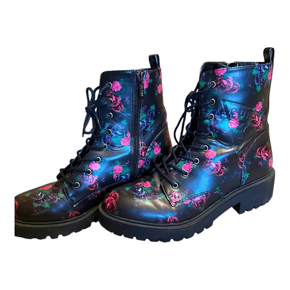 Dark Floral witch Lace-Up Ankle Boots - Black and Pink combat boots, goth chunky - Picture 1 of 4